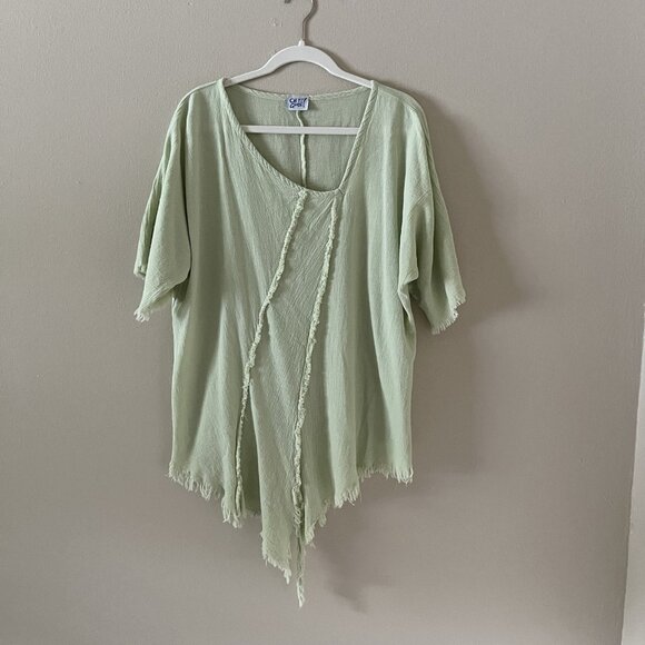 Oh My Gauze Top Womens 2 LXL Green Lagenlook Asymmetrical Art To Wear Distressed - Picture 1 of 10